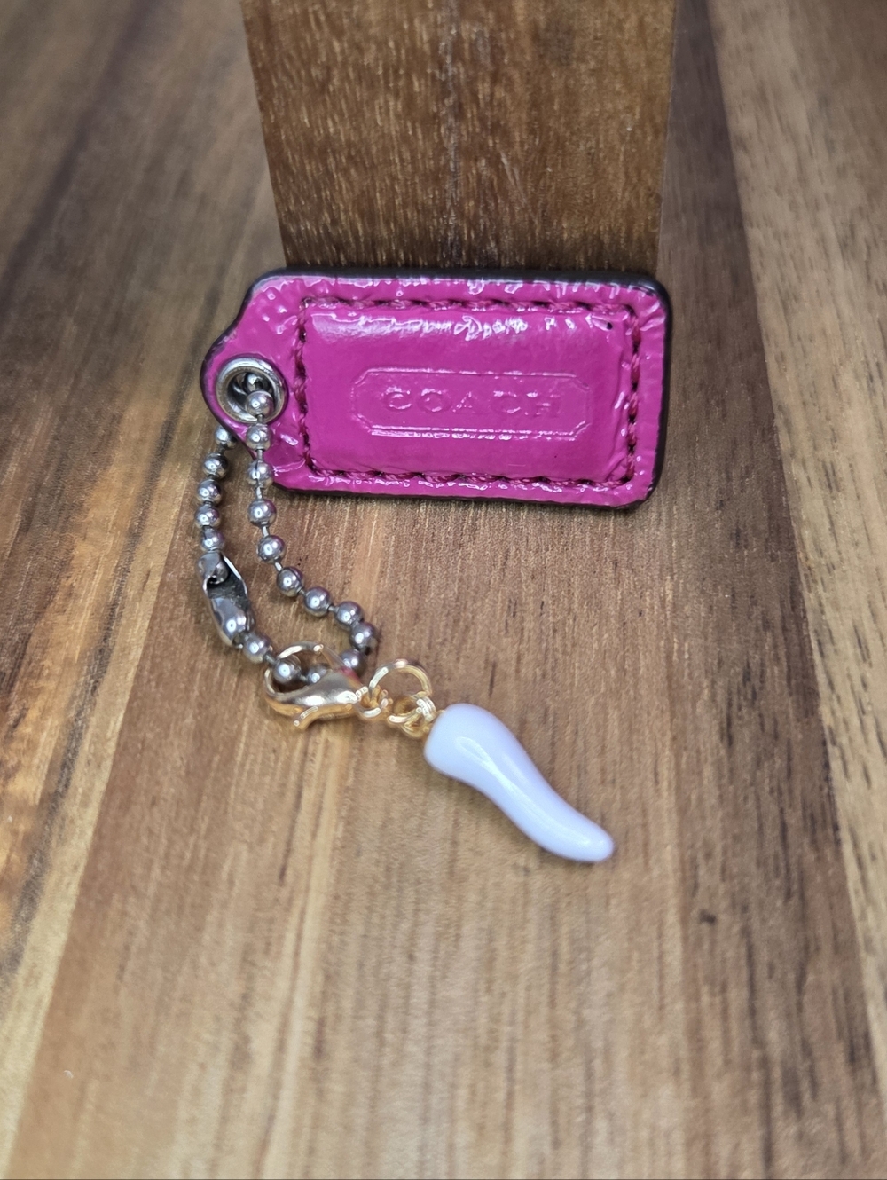Coach Pink Patent Leather Charm with White Pepper Pendant, EUC